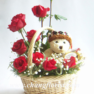 Red Roses, Chocolate  Bear Basket