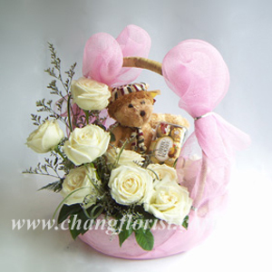 White Roses, Chocolate  Bear Basket